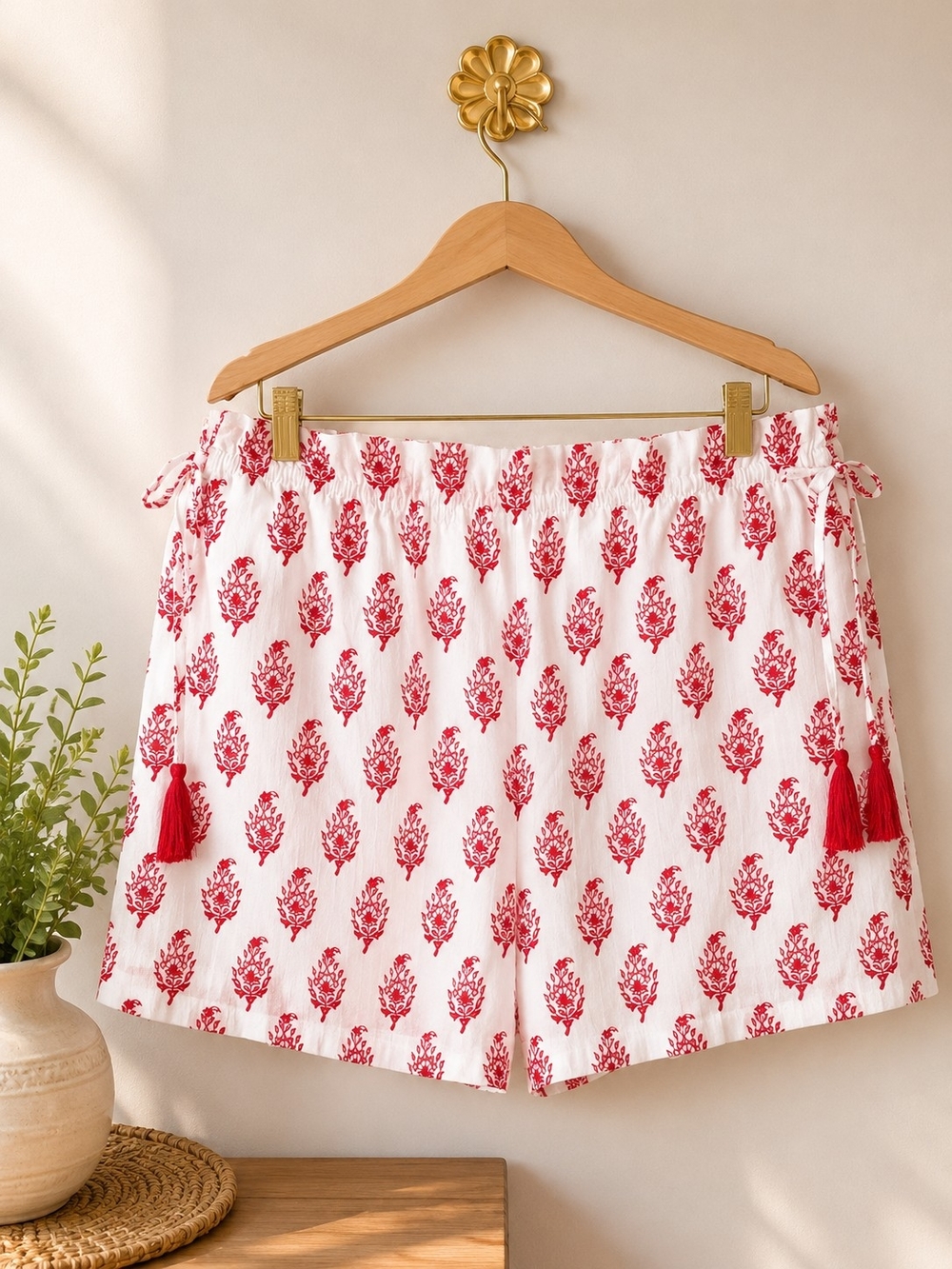 Roller Rabbit White Shorts with Red Floral Print and Tassel Ties